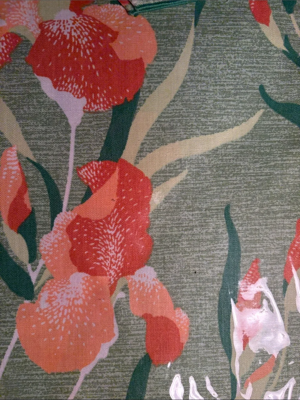 4 Vintage Iris Floral Print placemats & napkins in Sage Green and Coral. VV